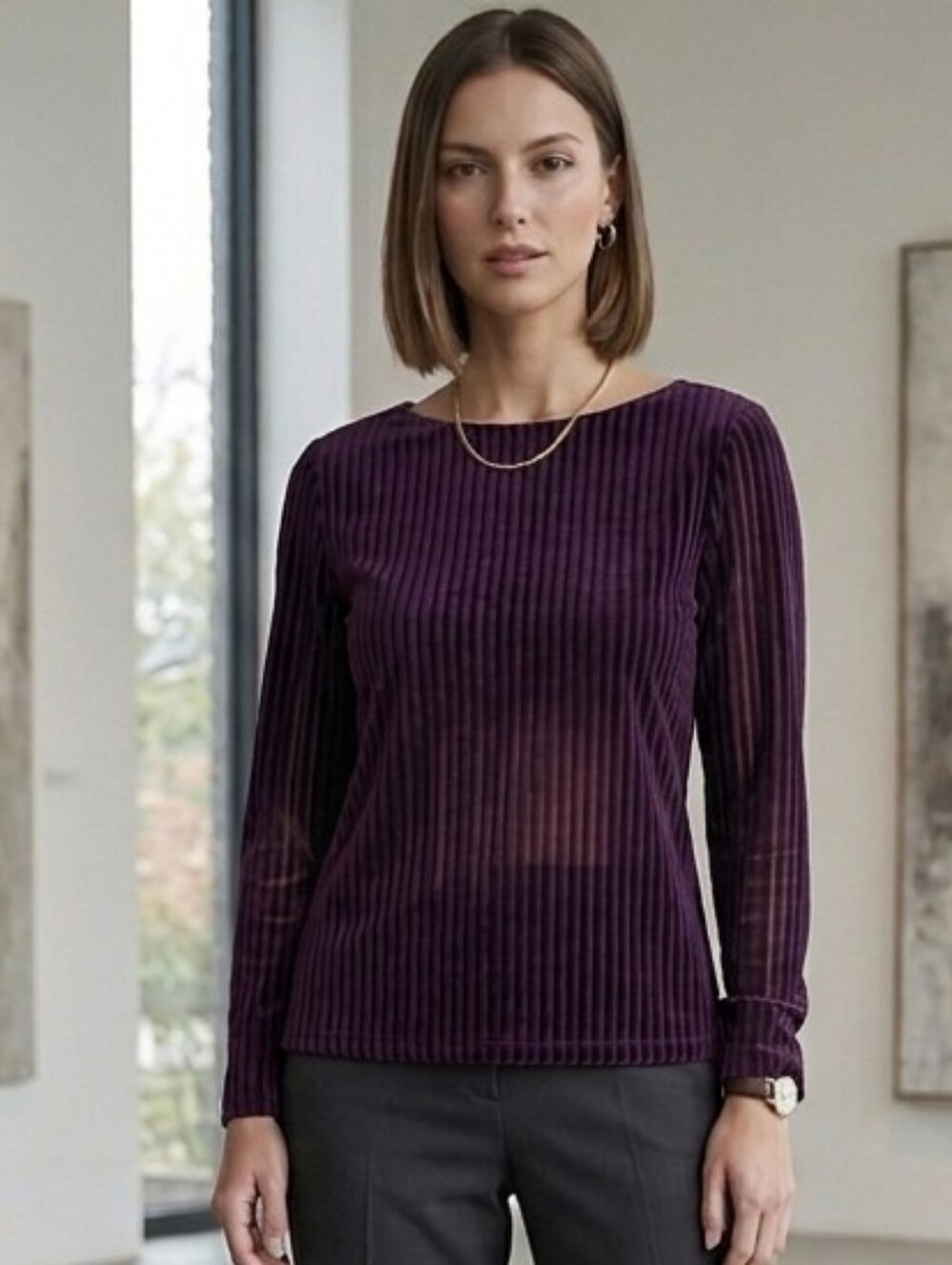 ICON🫐Rich Plum Velvet with Slightly Sheer BURNOUT STRIPES Sz M
